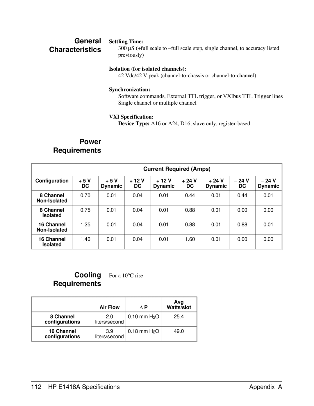 HP E1418A manual General Characteristics Power Requirements 