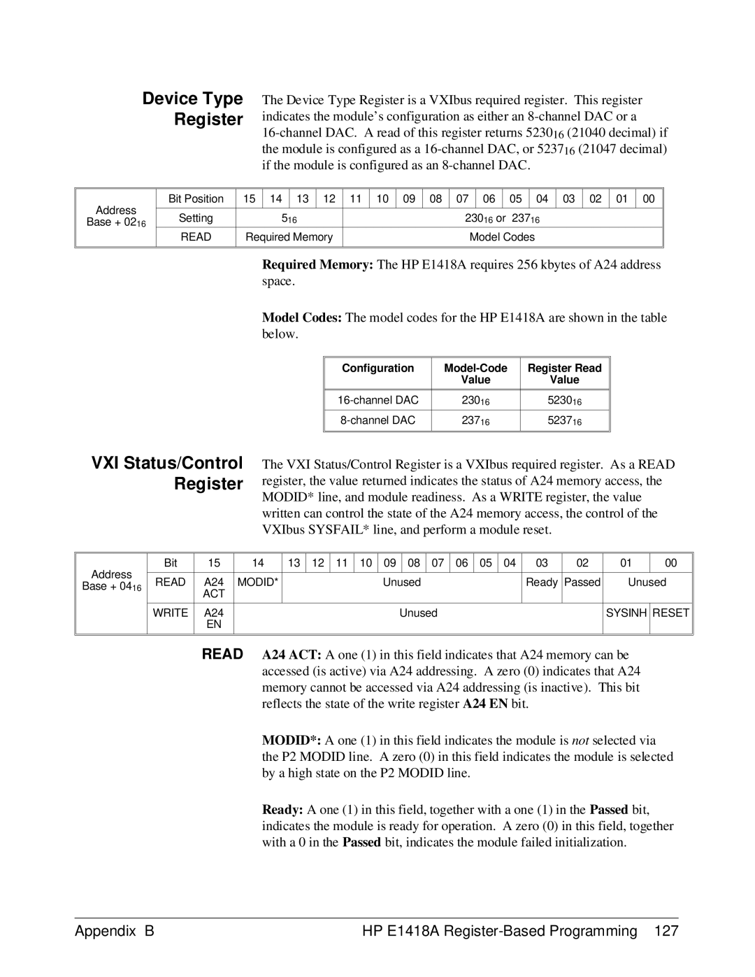 HP E1418A manual Device Type Register, VXI Status/Control Register 