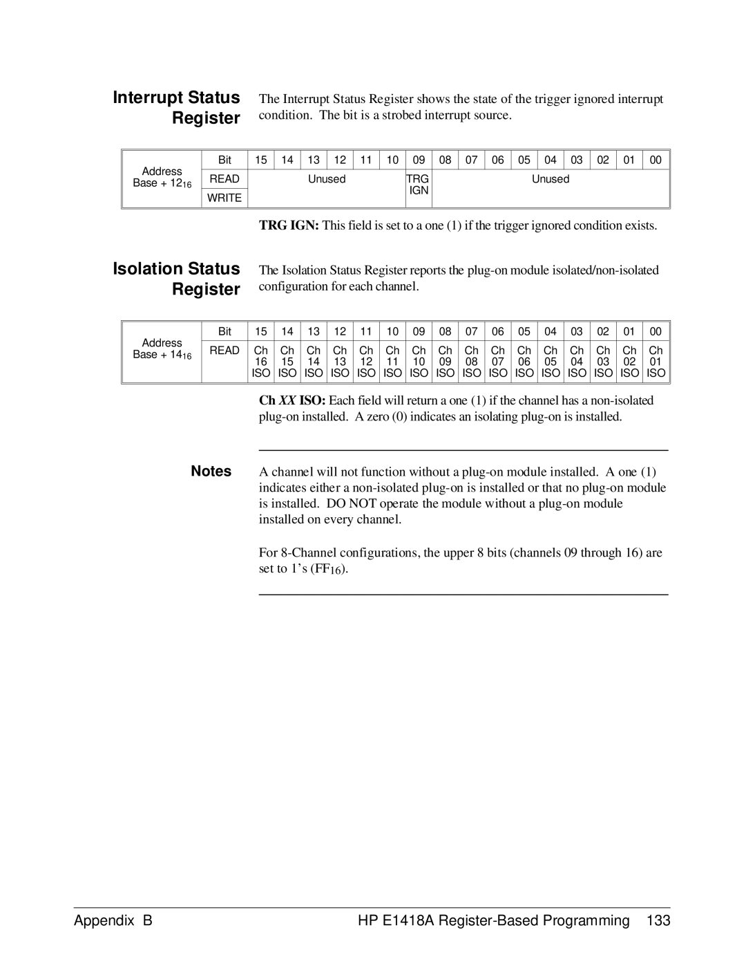 HP E1418A manual Interrupt Status Register, Isolation Status Register 