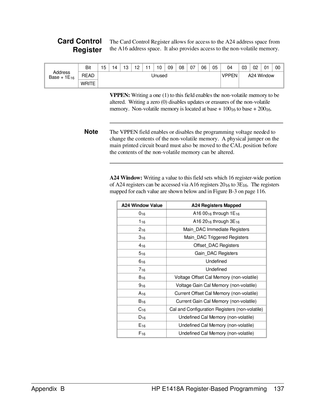 HP E1418A manual Card Control Register, A24 Window Value A24 Registers Mapped 