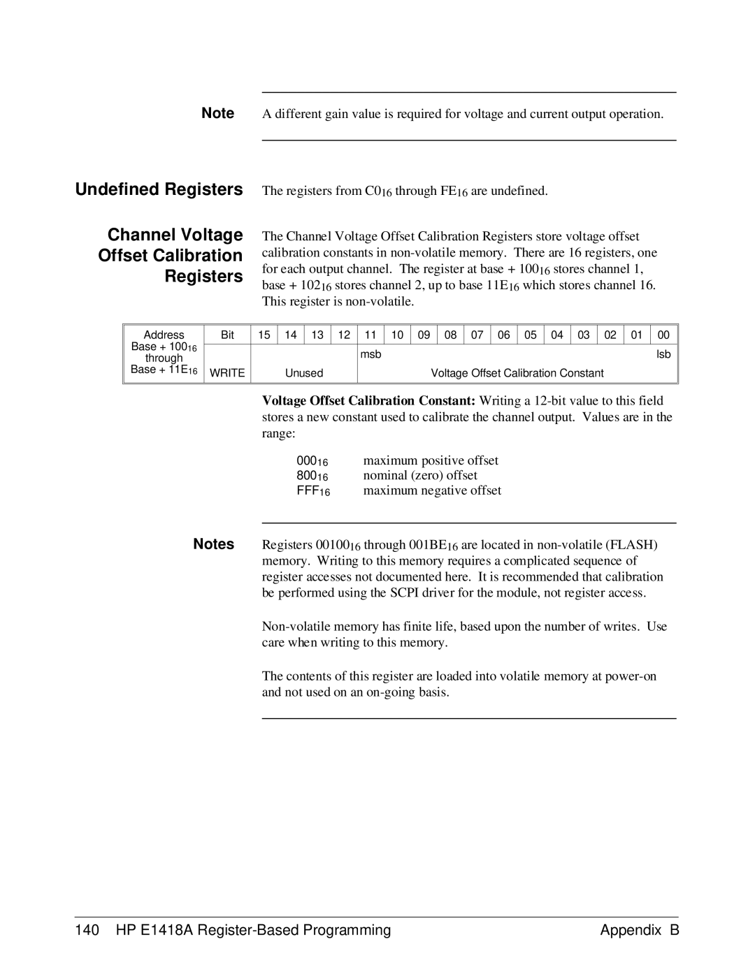 HP E1418A manual Undefined Registers Channel Voltage Offset Calibration 