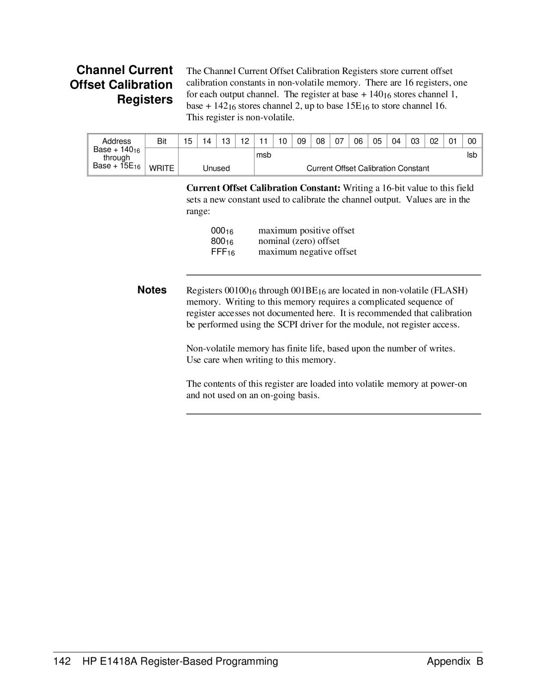 HP E1418A manual Channel Current Offset Calibration Registers 