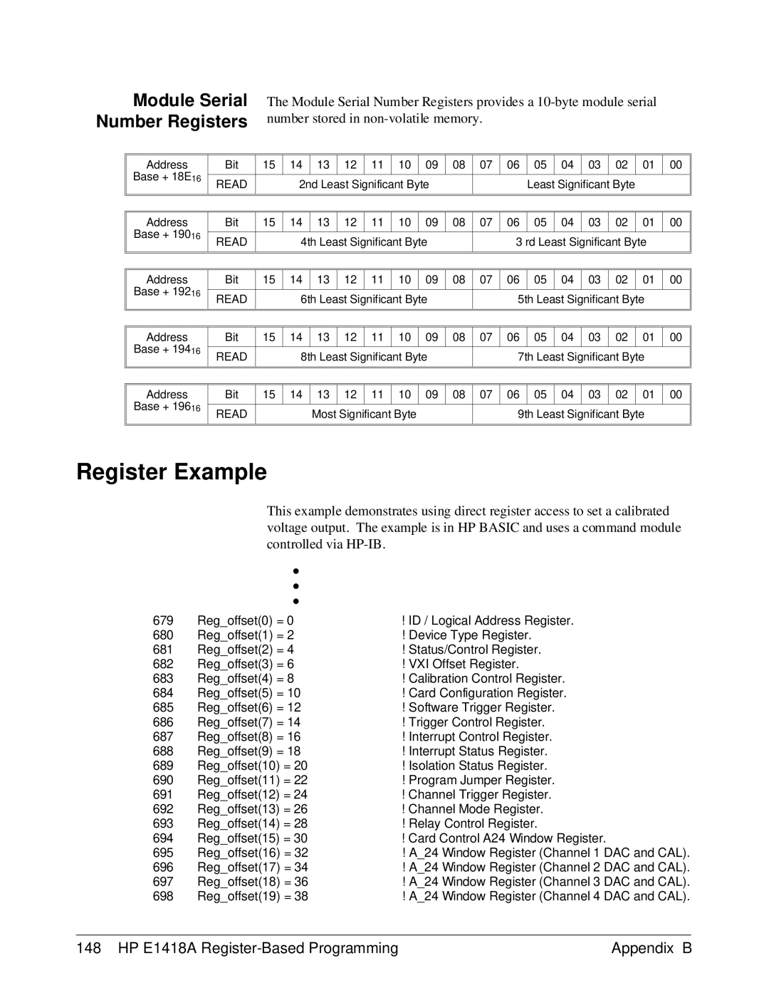 HP E1418A manual Register Example, Module Serial Number Registers 