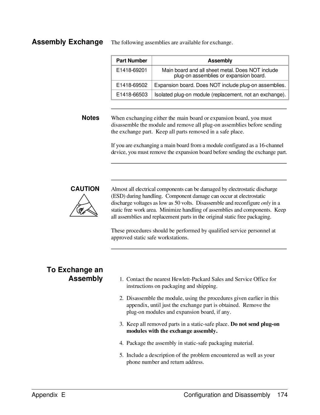 HP E1418A manual To Exchange an Assembly, Part Number Assembly 