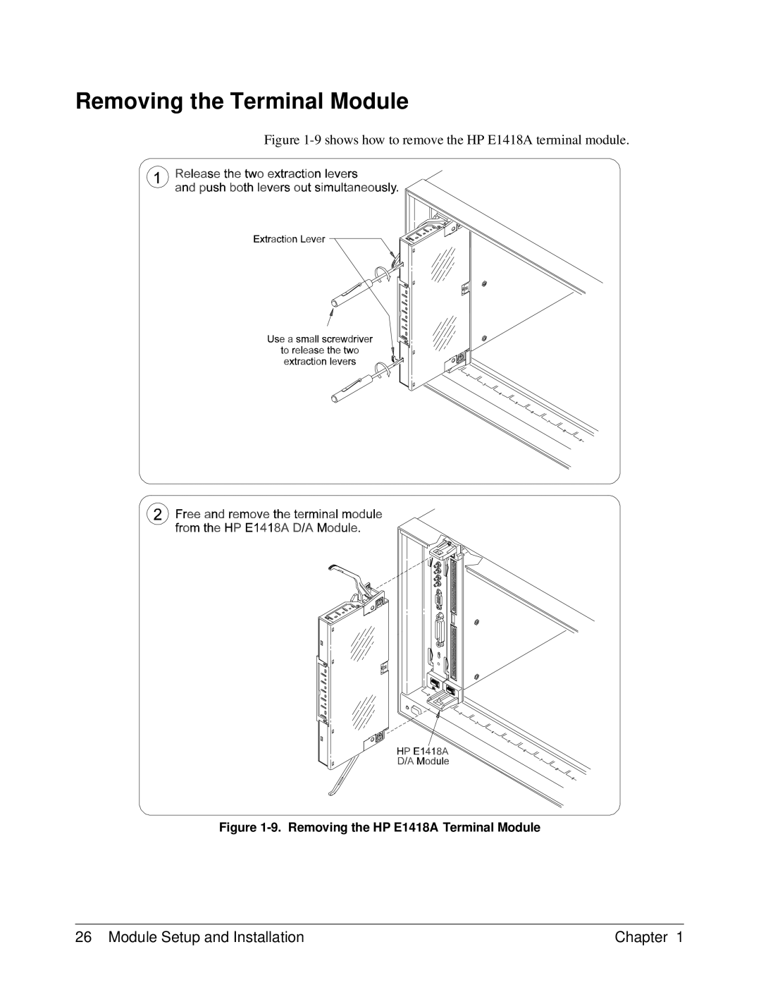 HP manual Removing the Terminal Module, Removing the HP E1418A Terminal Module 