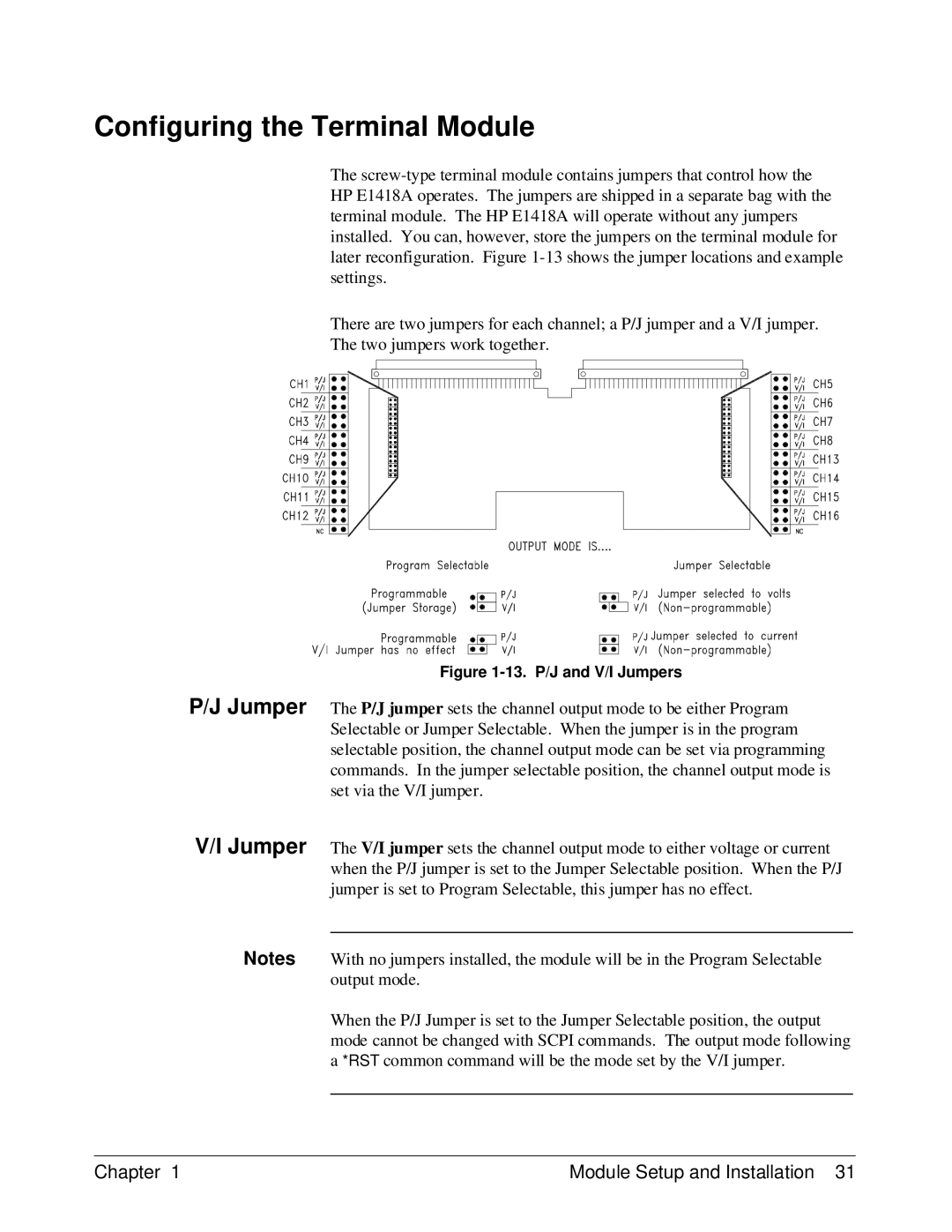 HP E1418A manual Configuring the Terminal Module, 13. P/J and V/I Jumpers 