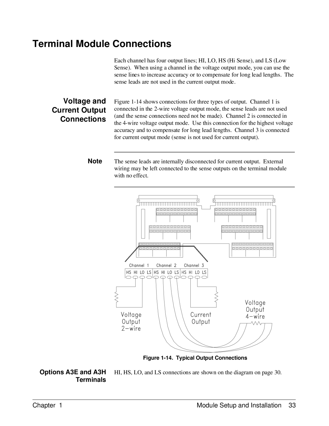 HP E1418A manual Terminal Module Connections, Voltage Current Output Connections 