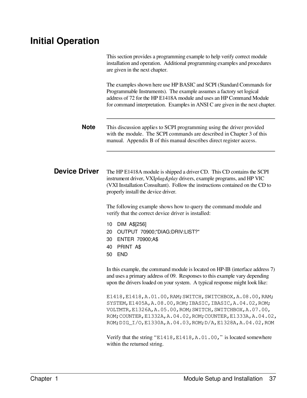 HP E1418A manual Initial Operation 