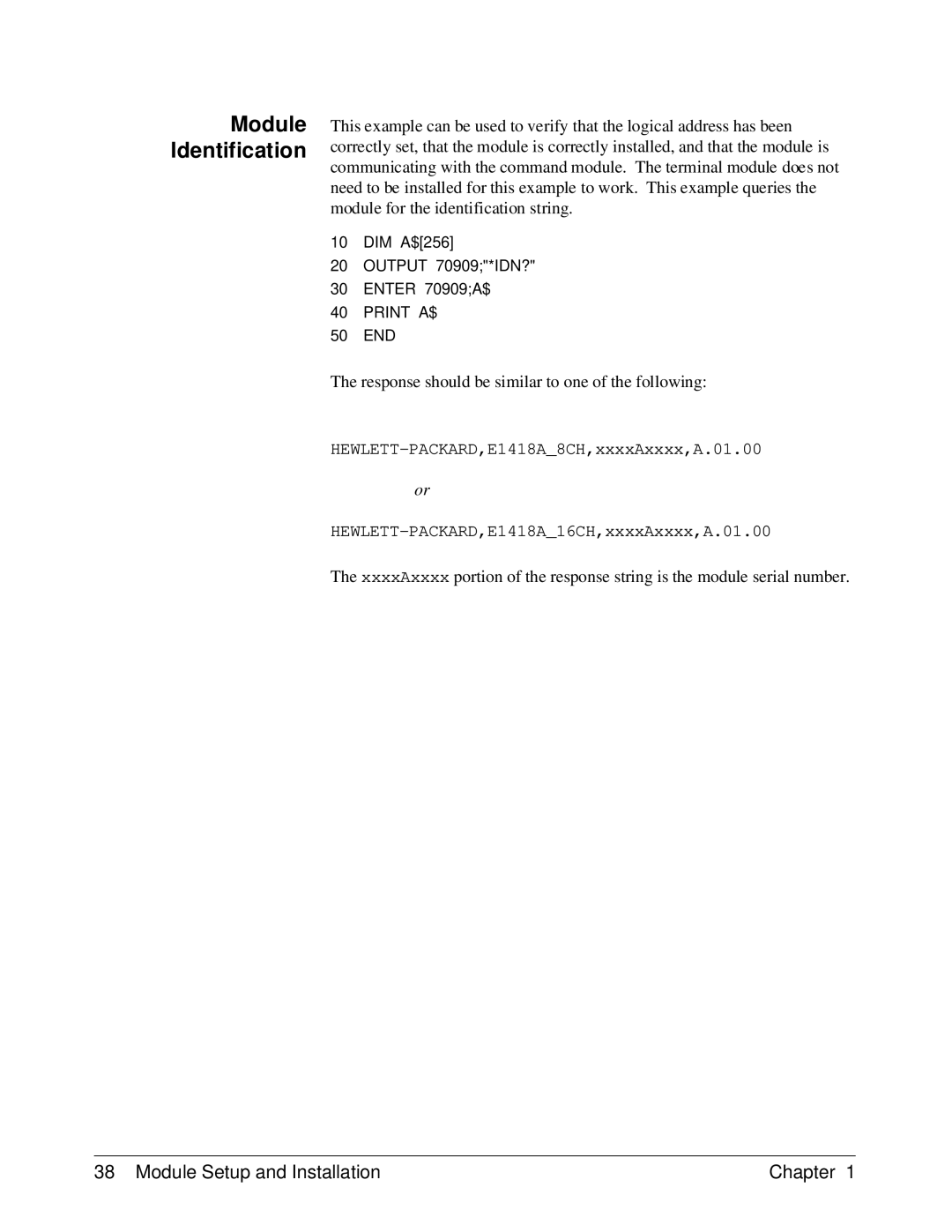 HP E1418A manual Module Identification 