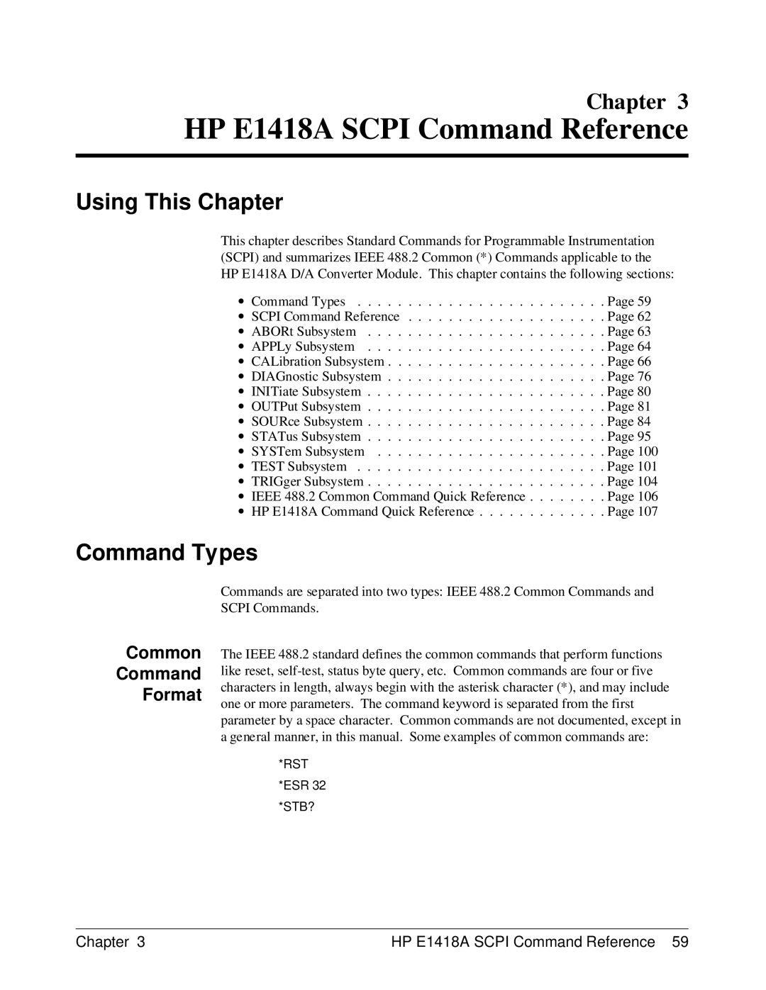 HP E1418A manual Command Types, Common Command Format 