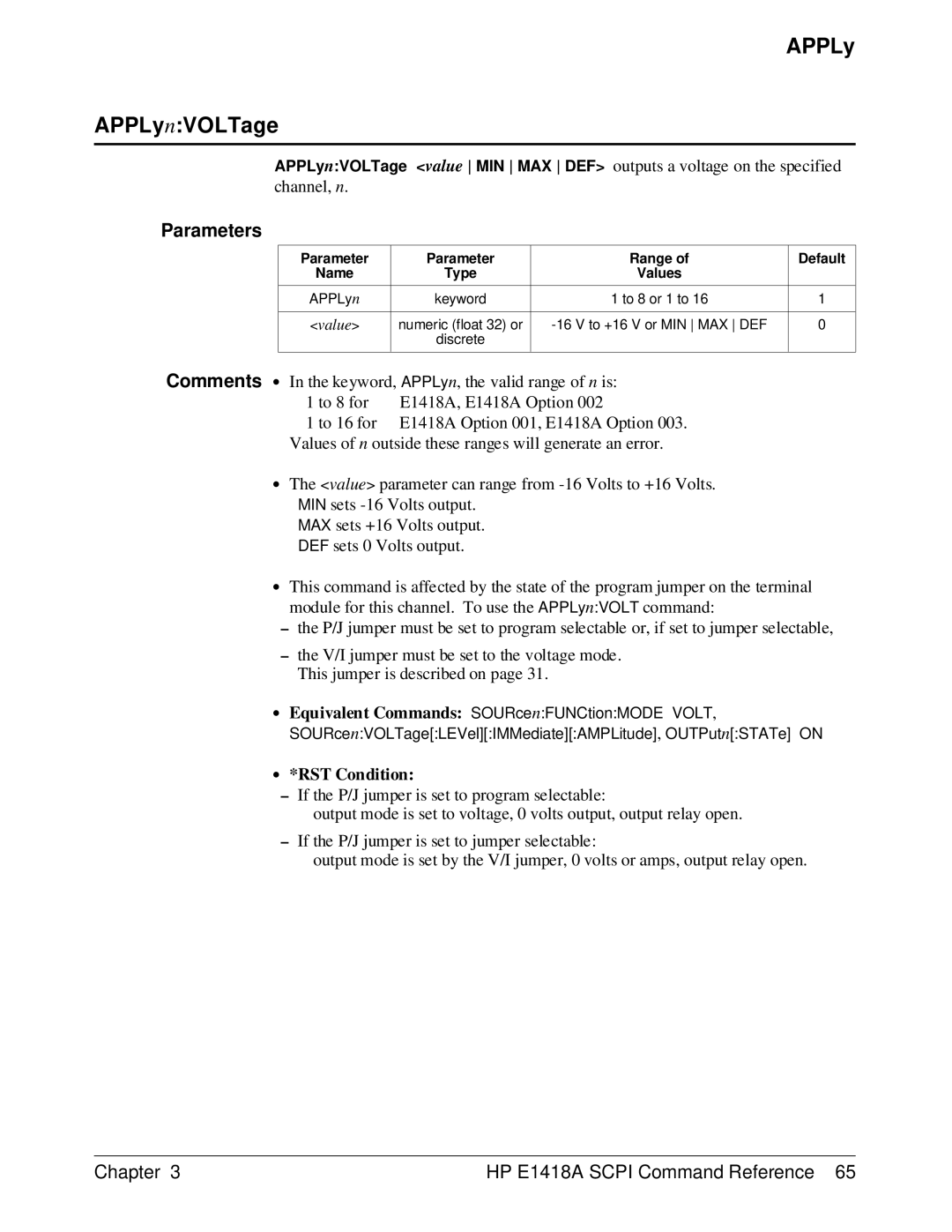 HP E1418A manual APPLy APPLynVOLTage 