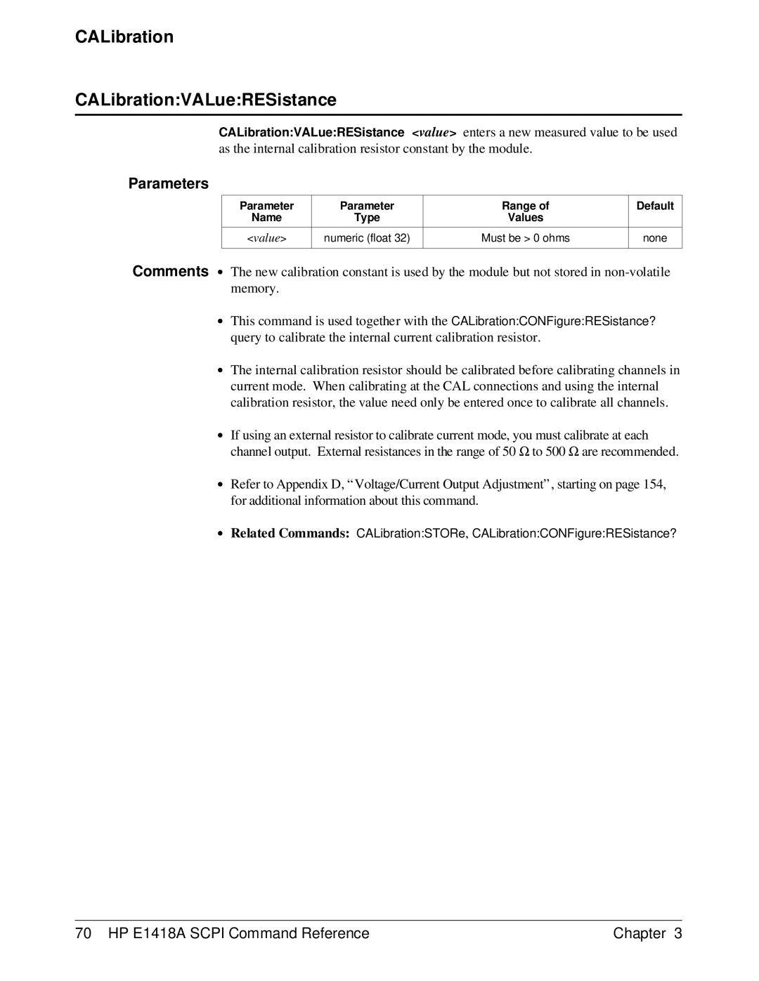 HP E1418A manual CALibration CALibrationVALueRESistance 