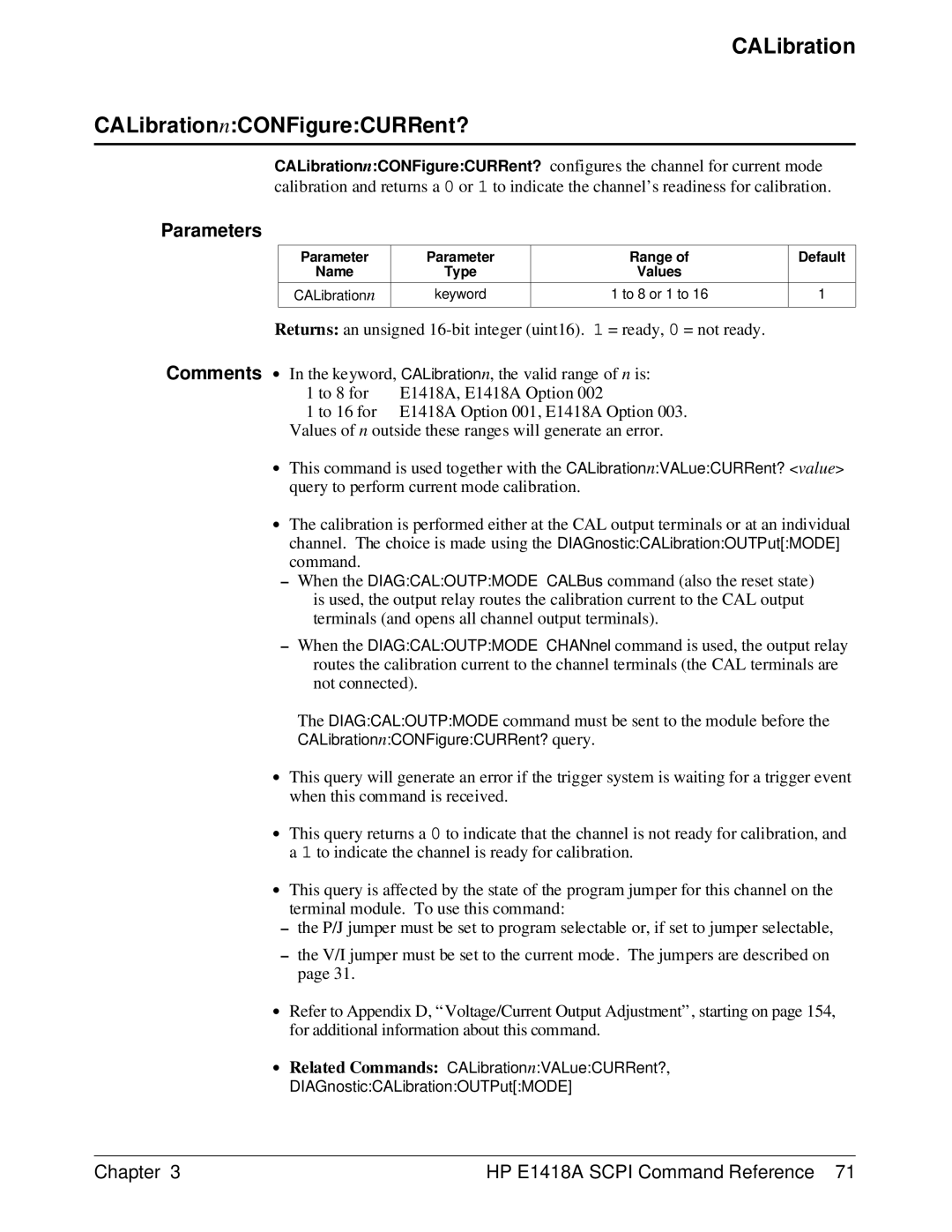 HP E1418A manual CALibration CALibrationnCONFigureCURRent? 