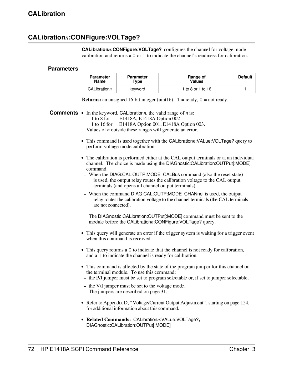 HP E1418A manual CALibration CALibrationnCONFigureVOLTage? 