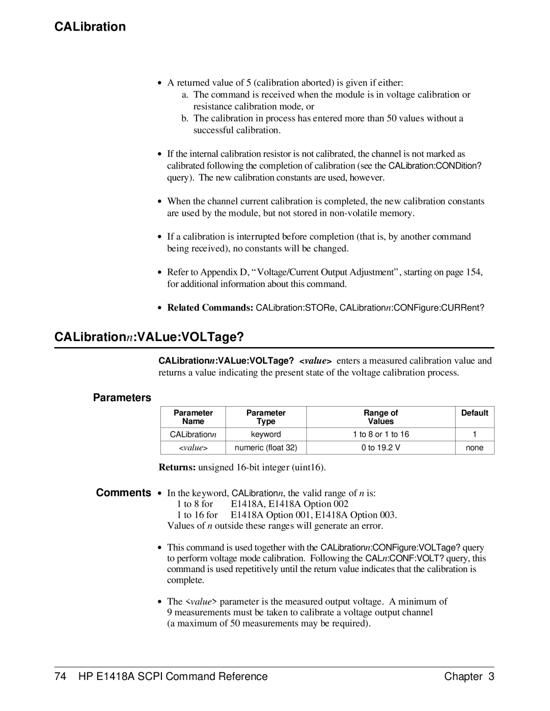 HP E1418A manual CALibrationnVALueVOLTage? 