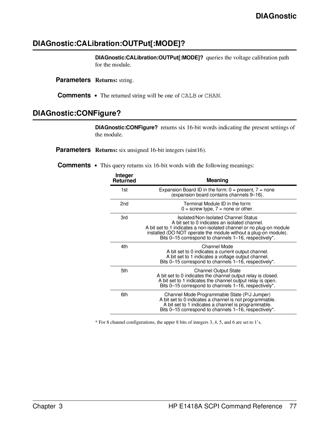 HP E1418A manual DIAGnostic DIAGnosticCALibrationOUTPutMODE?, DIAGnosticCONFigure? 