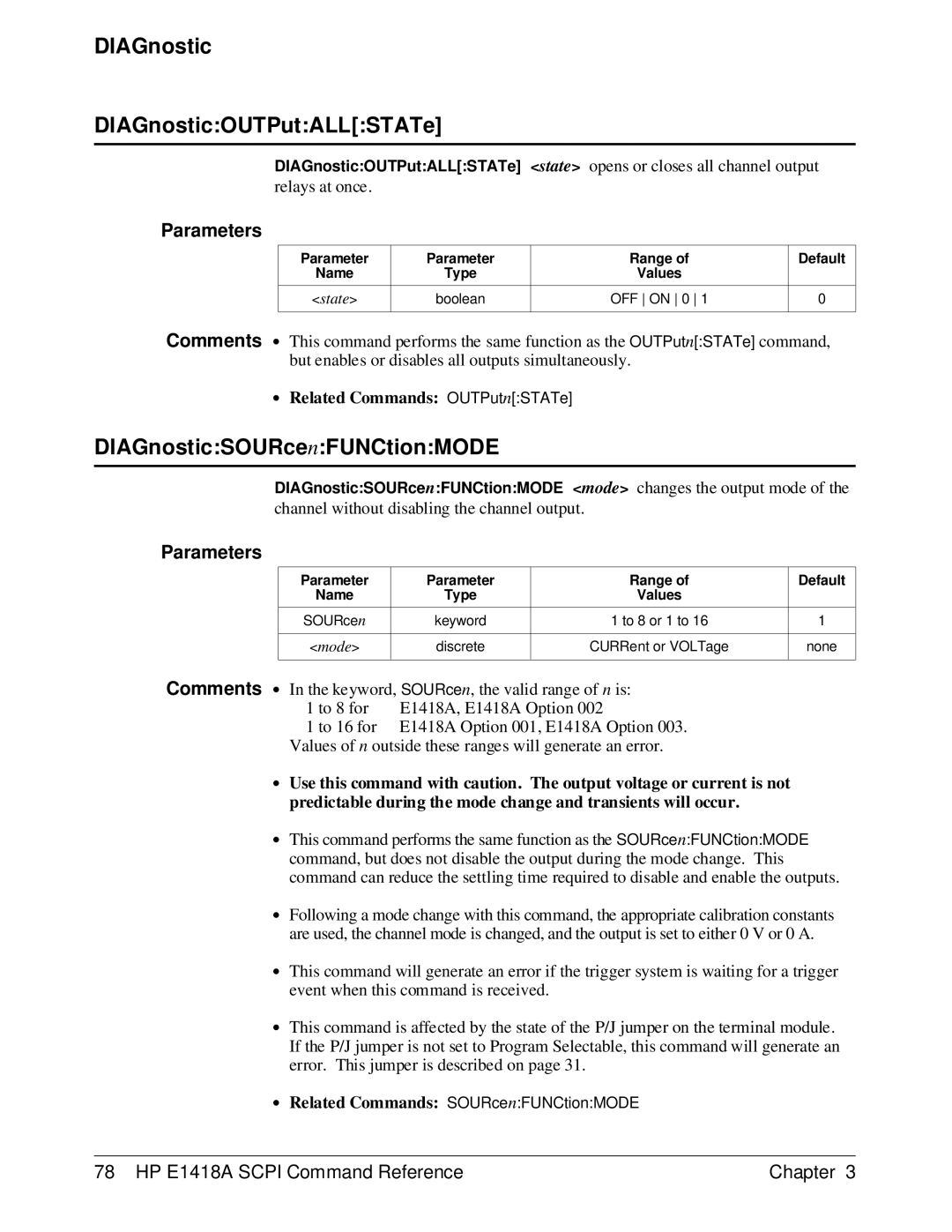 HP E1418A manual DIAGnostic DIAGnosticOUTPutALLSTATe, DIAGnosticSOURcenFUNCtionMODE 