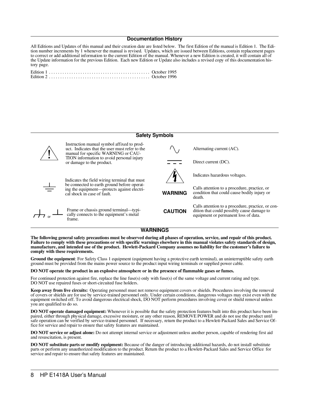 HP E1418A manual Documentation History, Safety Symbols 