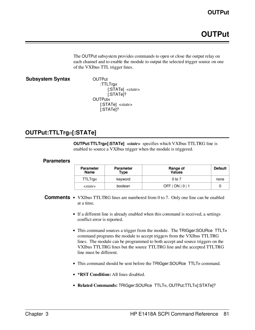 HP E1418A manual OUTPutTTLTrgnSTATe 