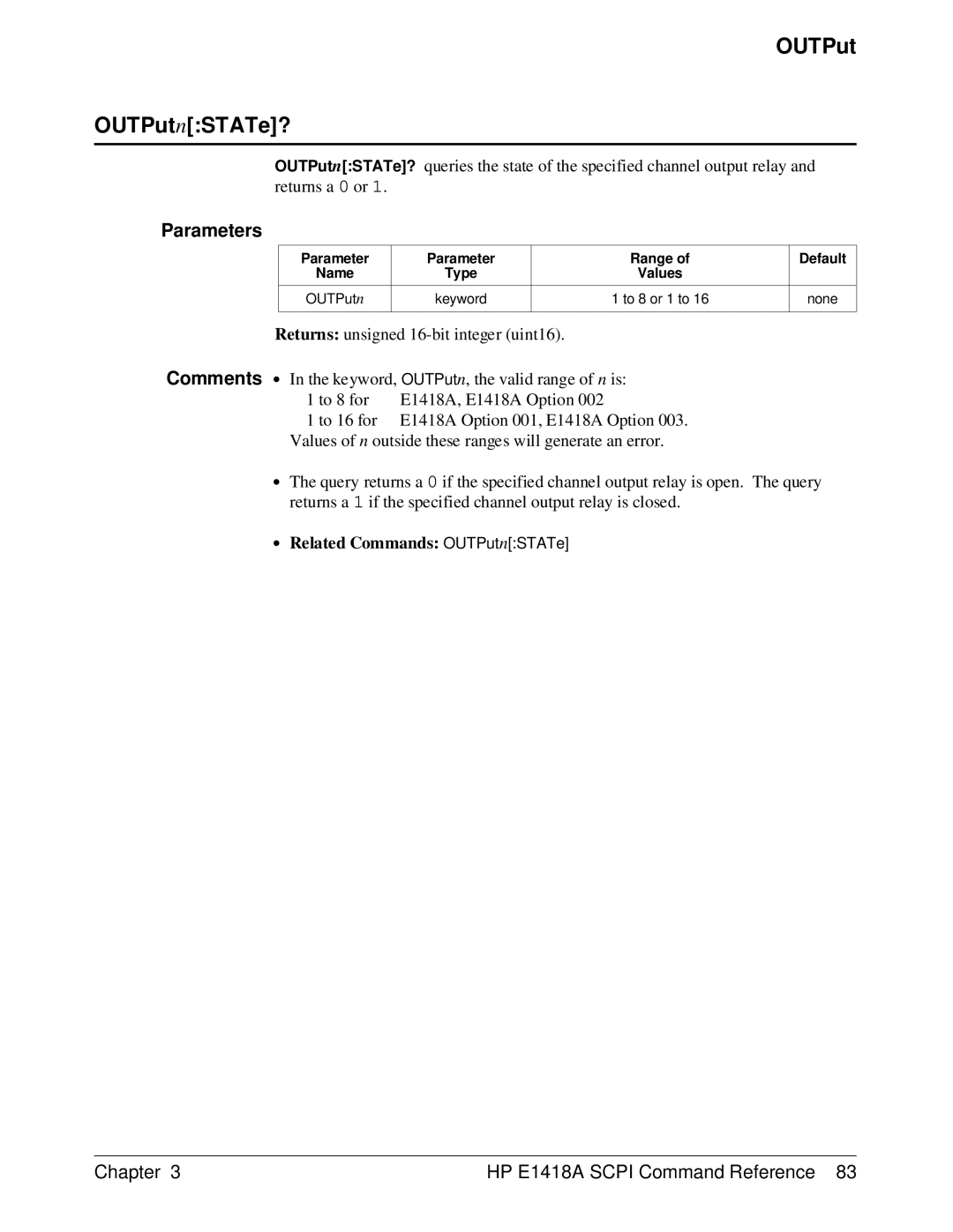 HP E1418A manual OUTPut OUTPutnSTATe? 