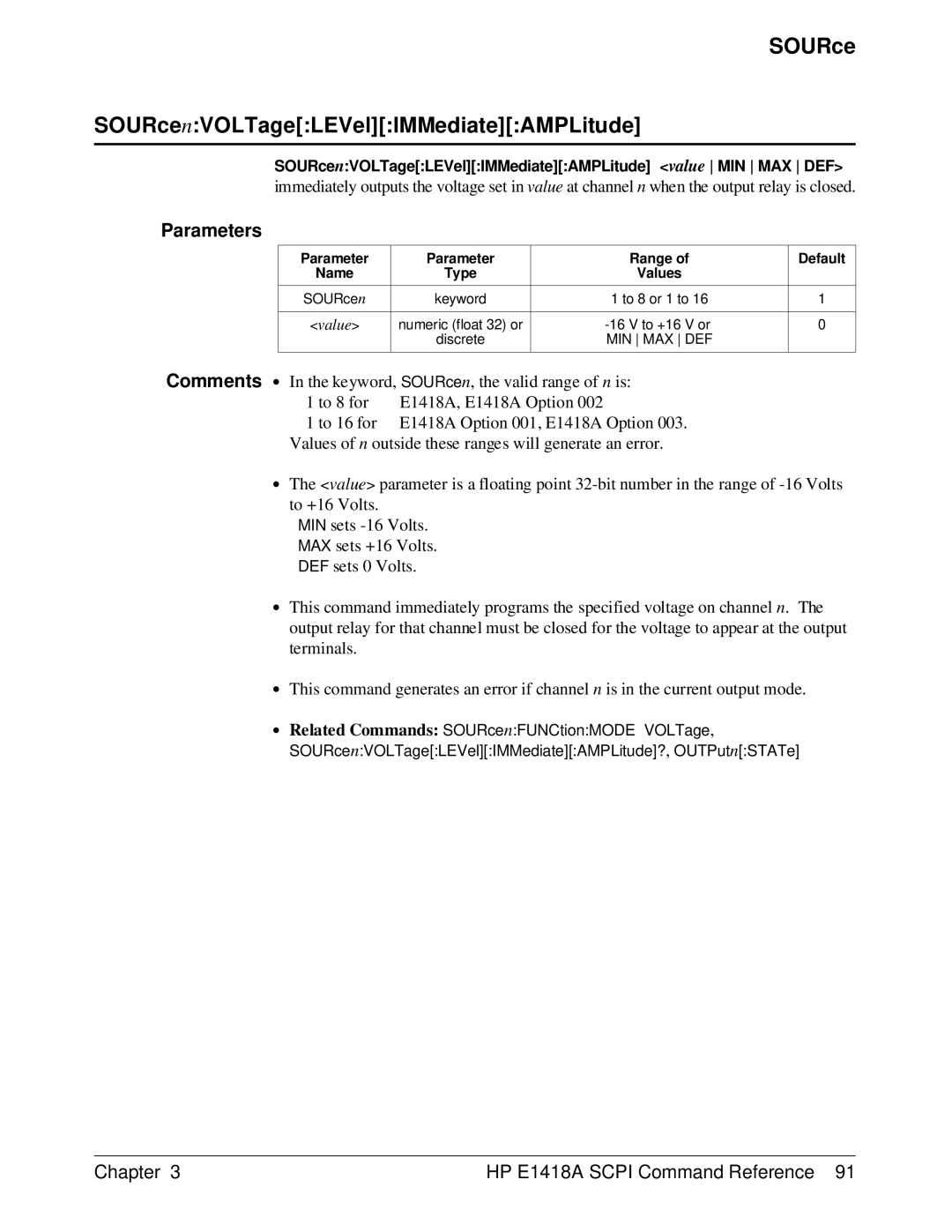 HP E1418A manual SOURce SOURcenVOLTageLEVelIMMediateAMPLitude, SOURcenVOLTageLEVelIMMediateAMPLitude value MIN MAX DEF 