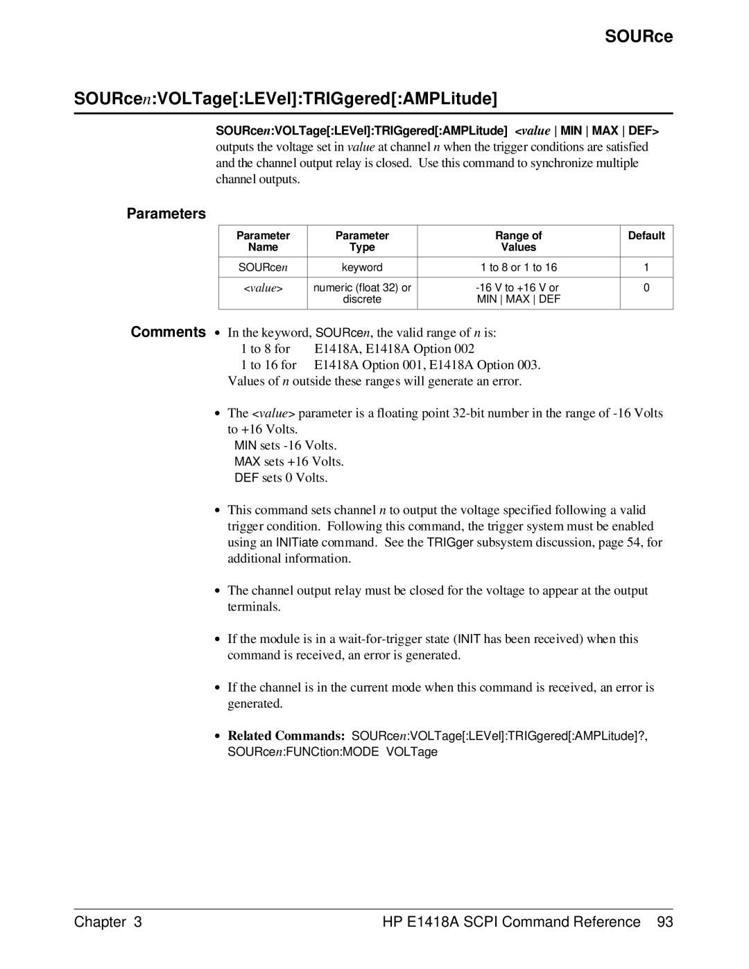 HP E1418A manual SOURce SOURcenVOLTageLEVelTRIGgeredAMPLitude, SOURcenVOLTageLEVelTRIGgeredAMPLitude value MIN MAX DEF 