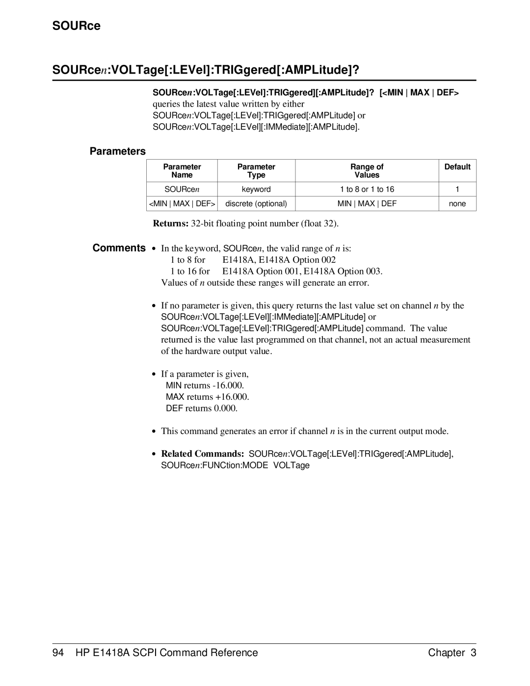 HP E1418A manual SOURce SOURcenVOLTageLEVelTRIGgeredAMPLitude?, SOURcenVOLTageLEVelTRIGgeredAMPLitude? MIN MAX DEF 