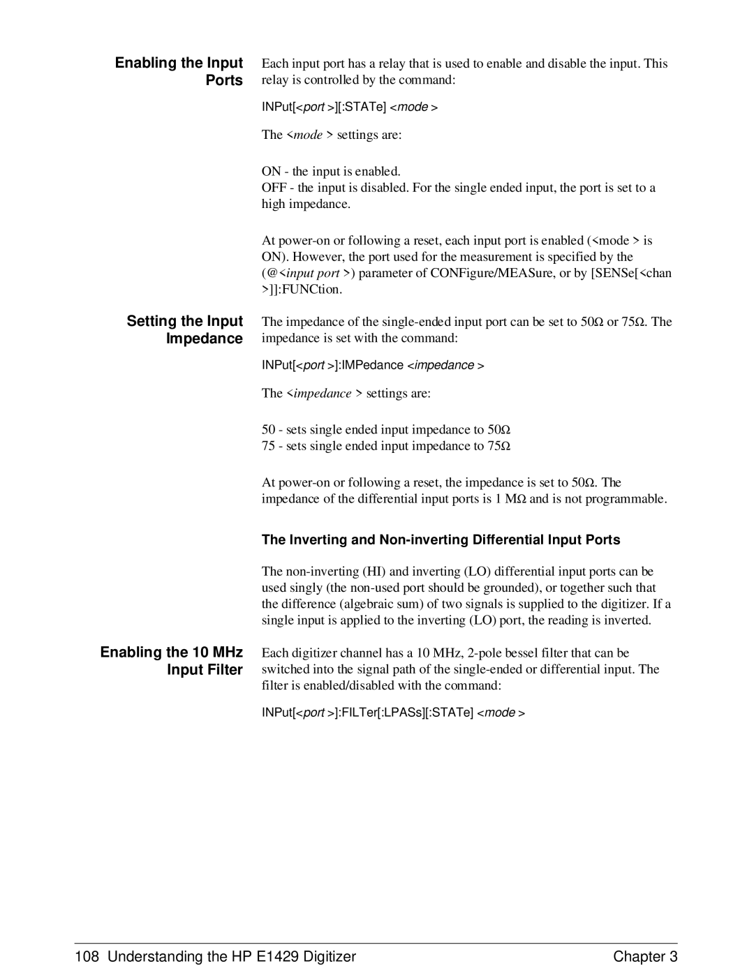 HP E1429A manual Setting the Input Impedance, Enabling the 10 MHz Input Filter 