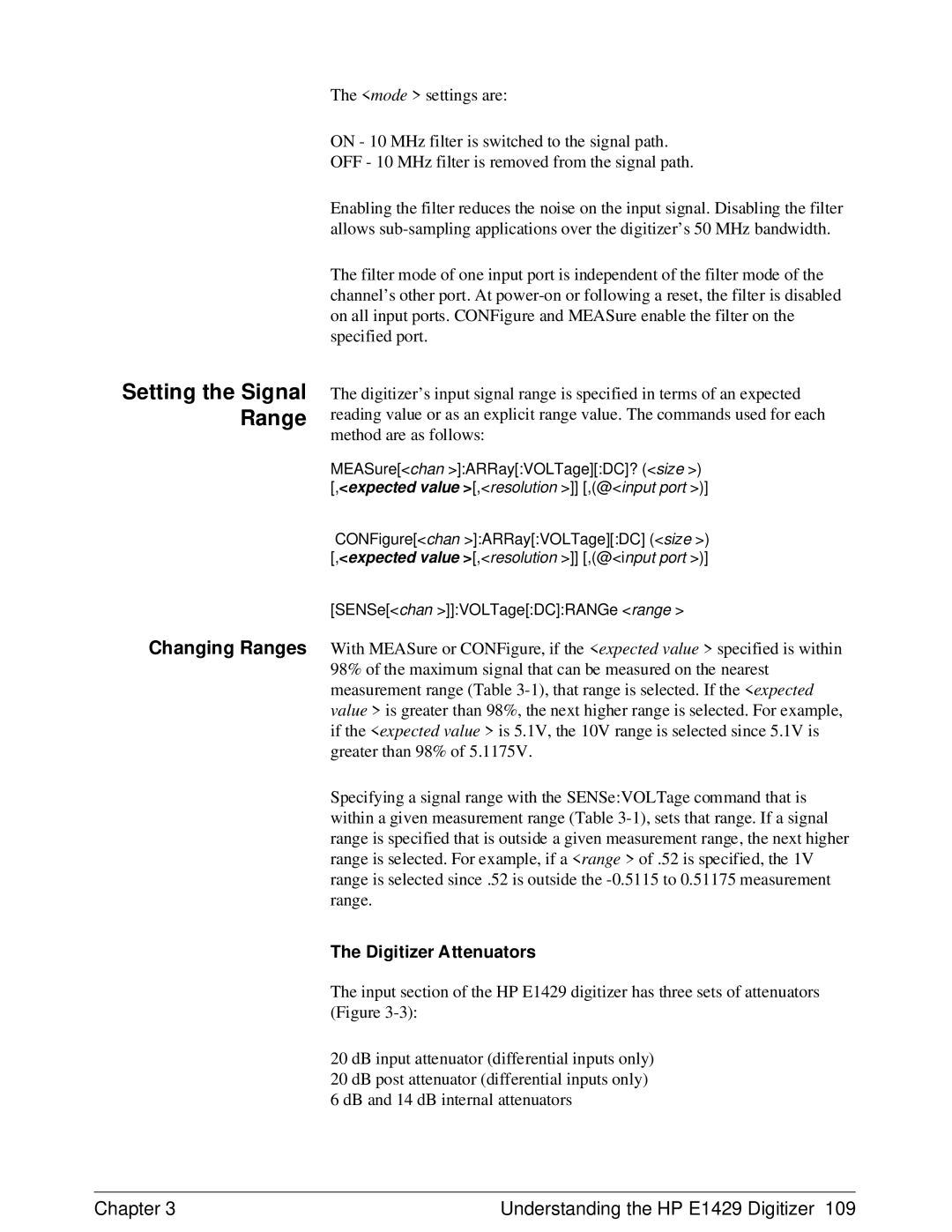 HP E1429A manual Setting the Signal Range, Digitizer Attenuators 