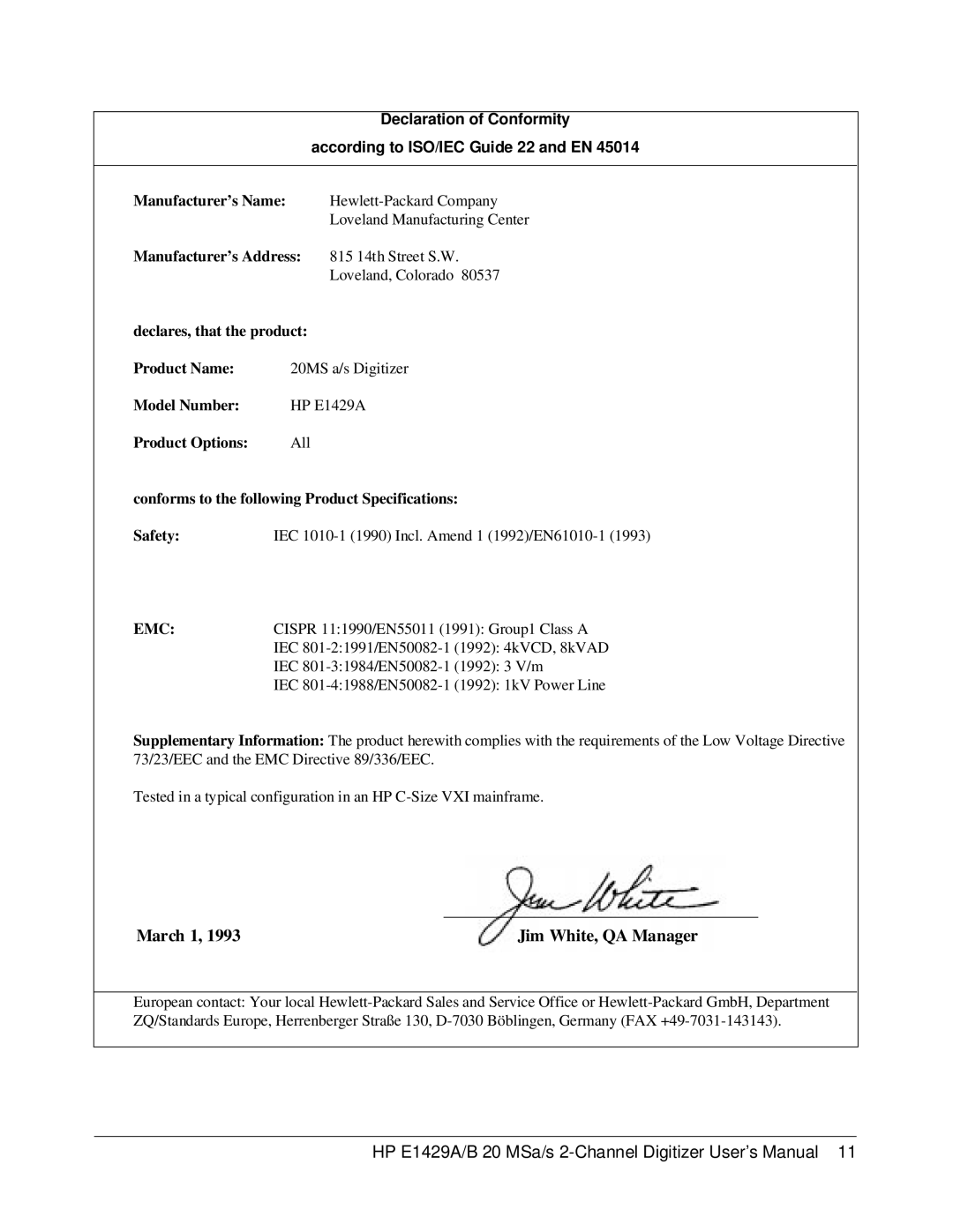 HP E1429A manual March 1, According to ISO/IEC Guide 22 and EN 