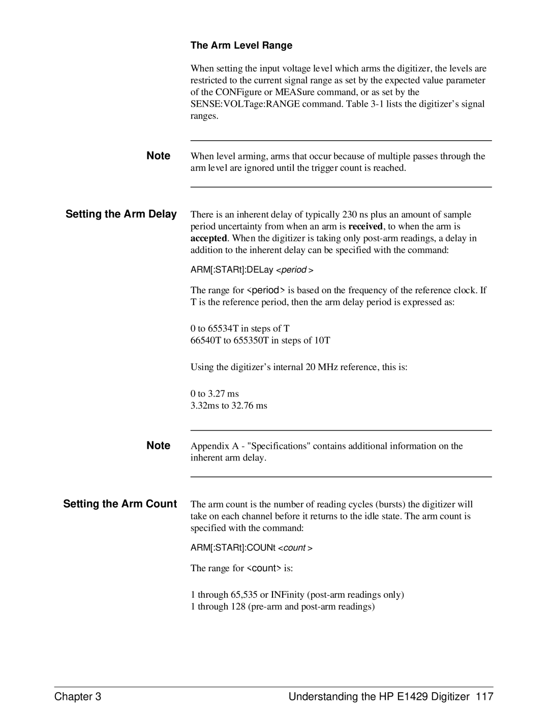 HP E1429A manual Arm Level Range 