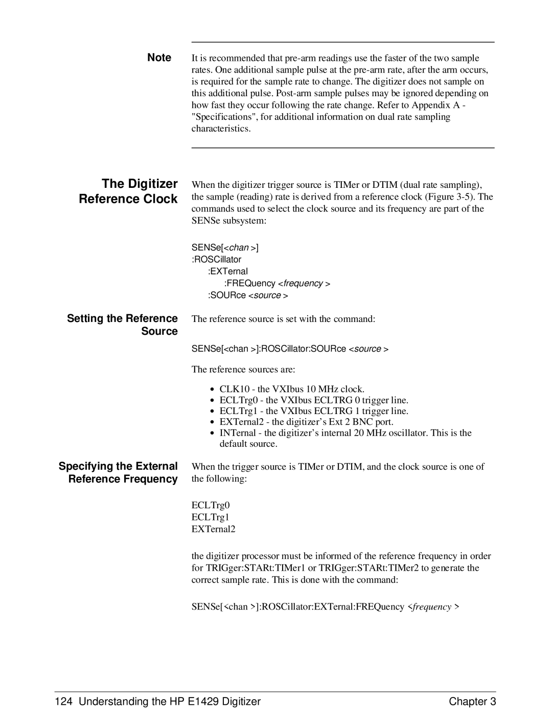 HP E1429A manual Digitizer Reference Clock, Source, Specifying the External Reference Frequency 