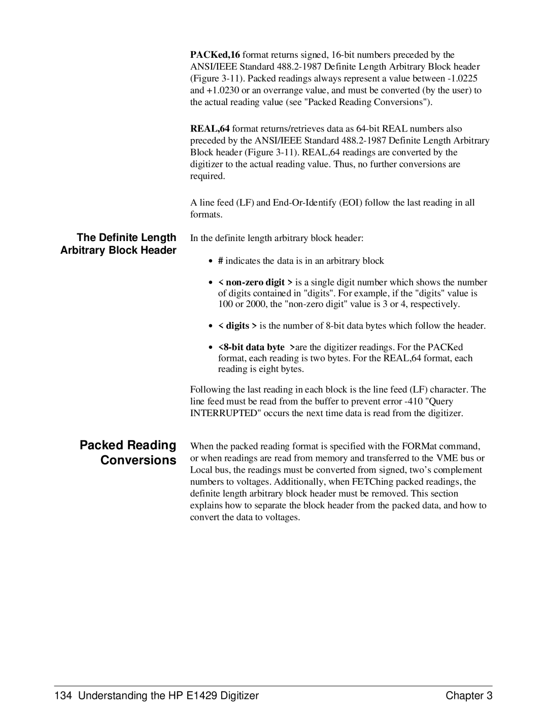 HP E1429A manual Packed Reading Conversions, Definite Length Arbitrary Block Header 