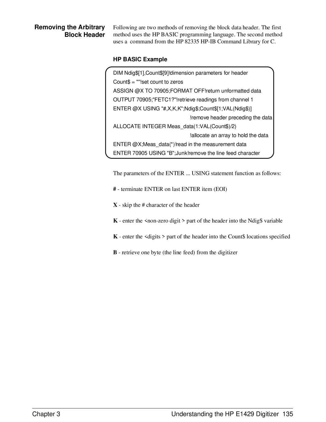 HP E1429A manual Removing the Arbitrary Block Header, HP Basic Example 