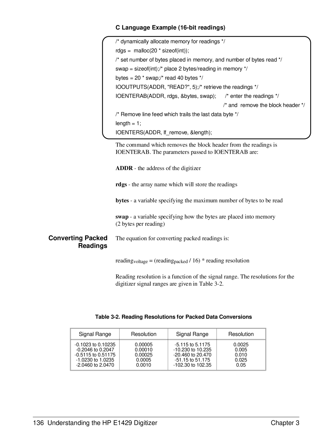 HP E1429A manual Readings, Language Example 16-bit readings 