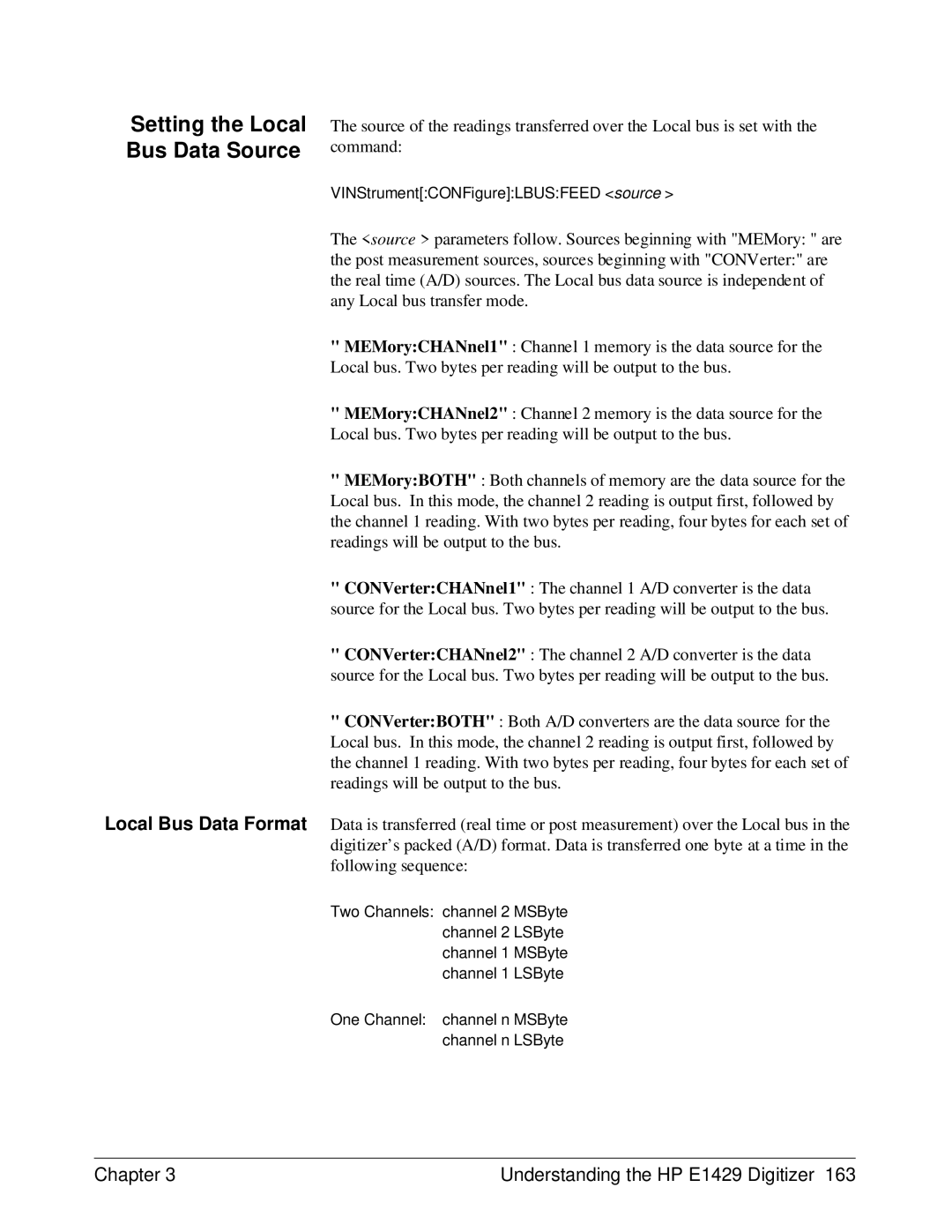 HP E1429A manual Setting the Local Bus Data Source 