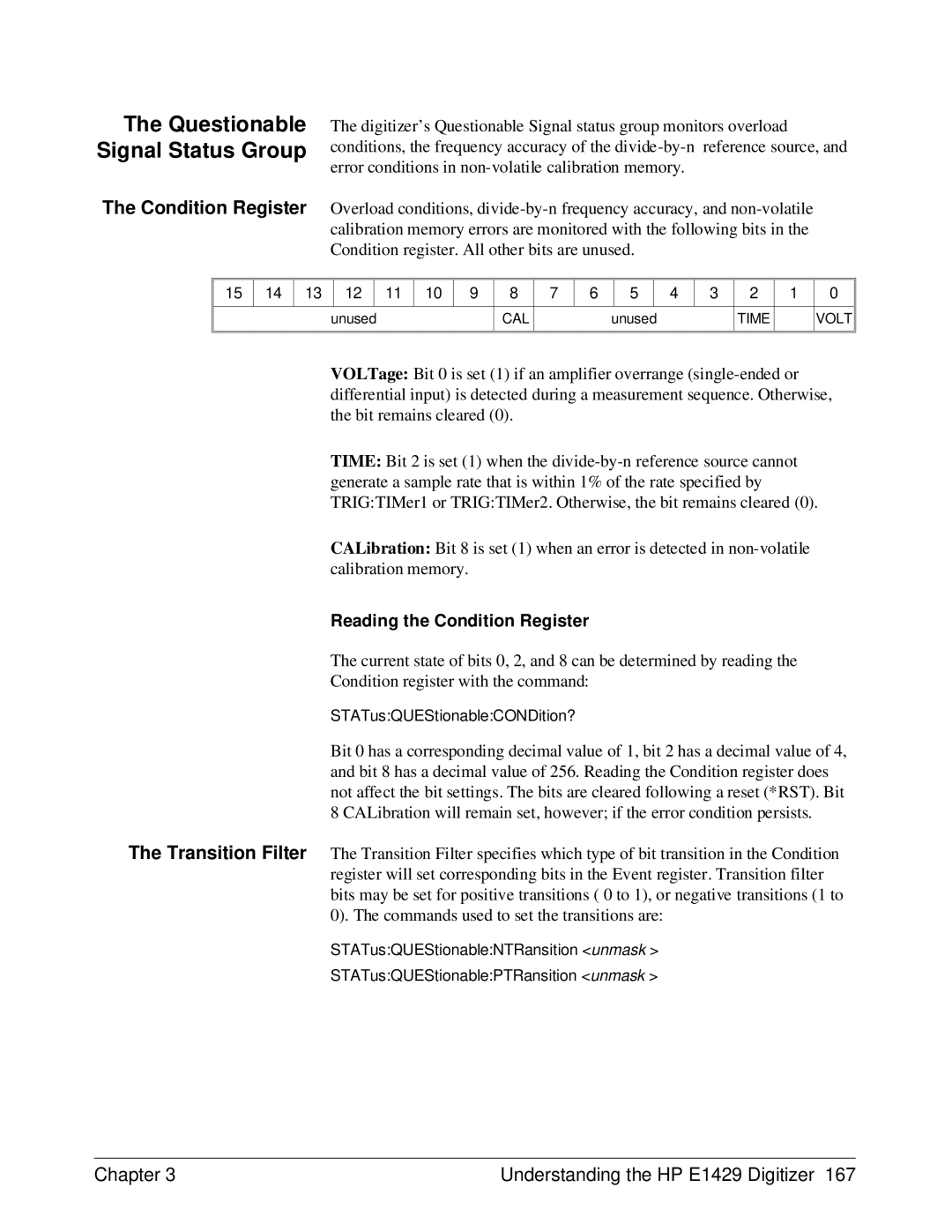 HP E1429A manual Questionable Signal Status Group, Reading the Condition Register 