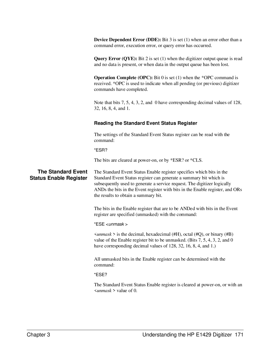 HP E1429A manual Standard Event Status Enable Register, Reading the Standard Event Status Register, Esr?, Ese? 