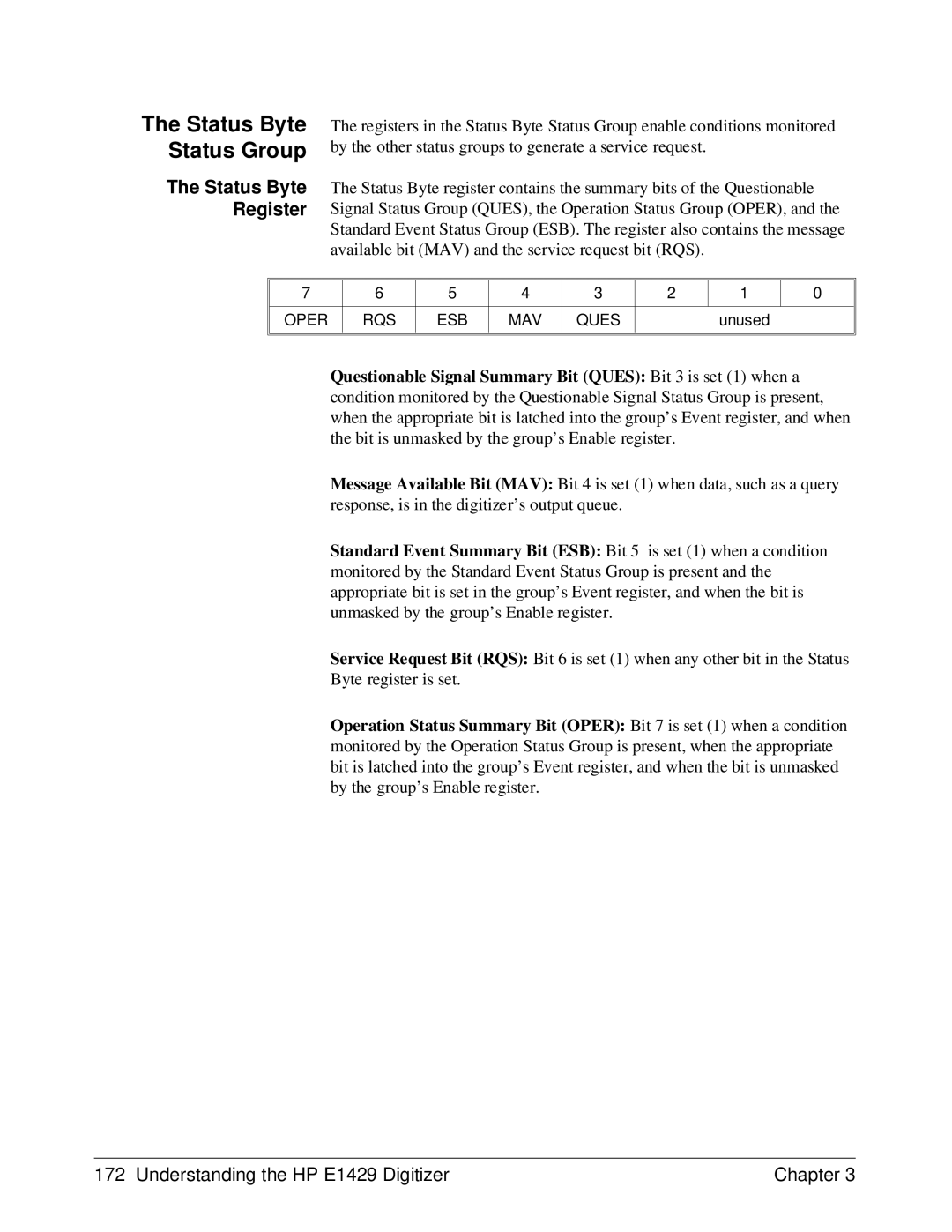 HP E1429A manual Status Byte Status Group, Status Byte Register, Oper RQS ESB MAV Ques 