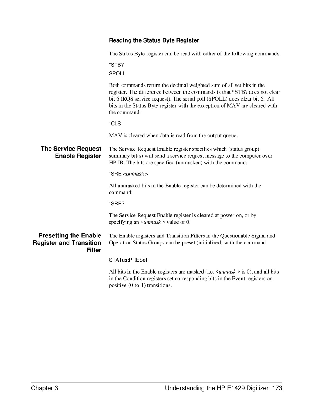 HP E1429A manual Presetting the Enable Register and Transition Filter, Service Request Enable Register, STB? Spoll, Sre? 