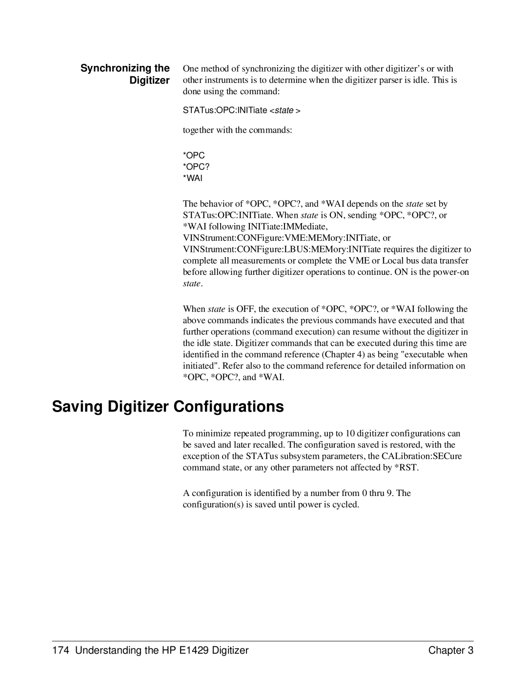 HP E1429A manual Saving Digitizer Configurations, Synchronizing the Digitizer, Opc Opc? Wai 