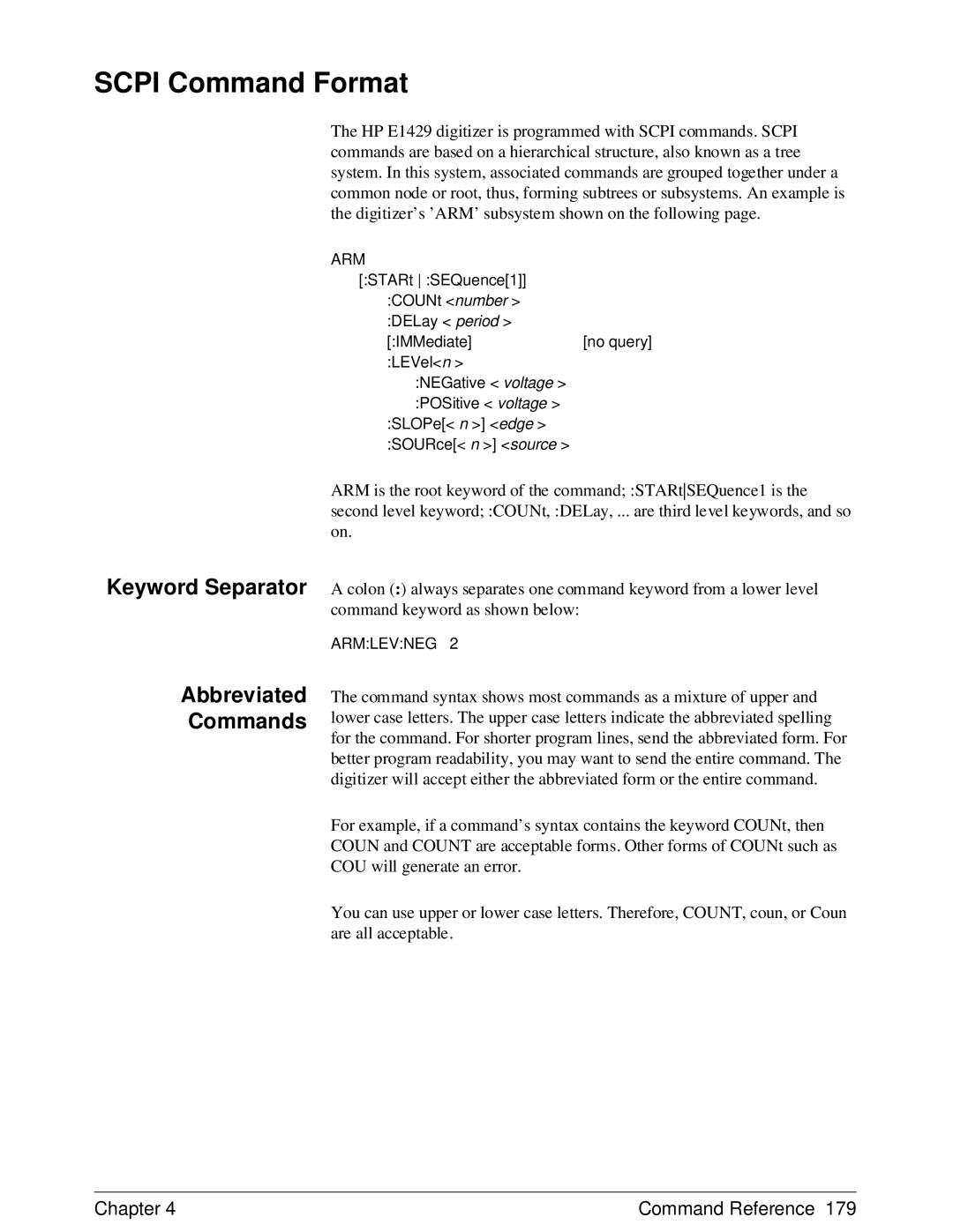 HP E1429A manual Scpi Command Format, Abbreviated Commands, Armlevneg 