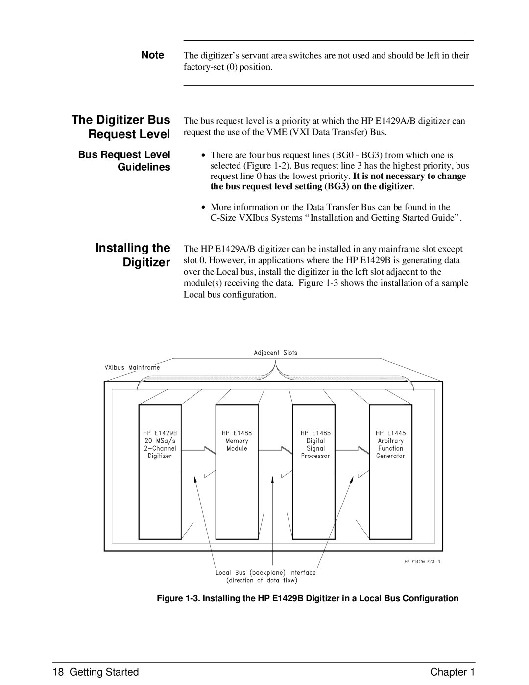 HP E1429A manual Digitizer Bus Request Level, Installing the Digitizer, Bus Request Level Guidelines 