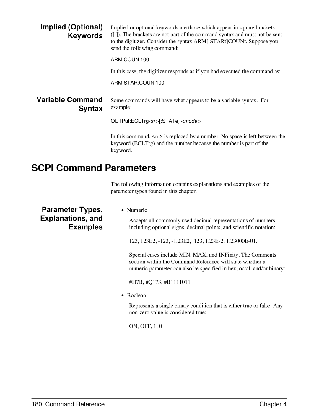 HP E1429A manual Scpi Command Parameters, Parameter Types Explanations, Examples 