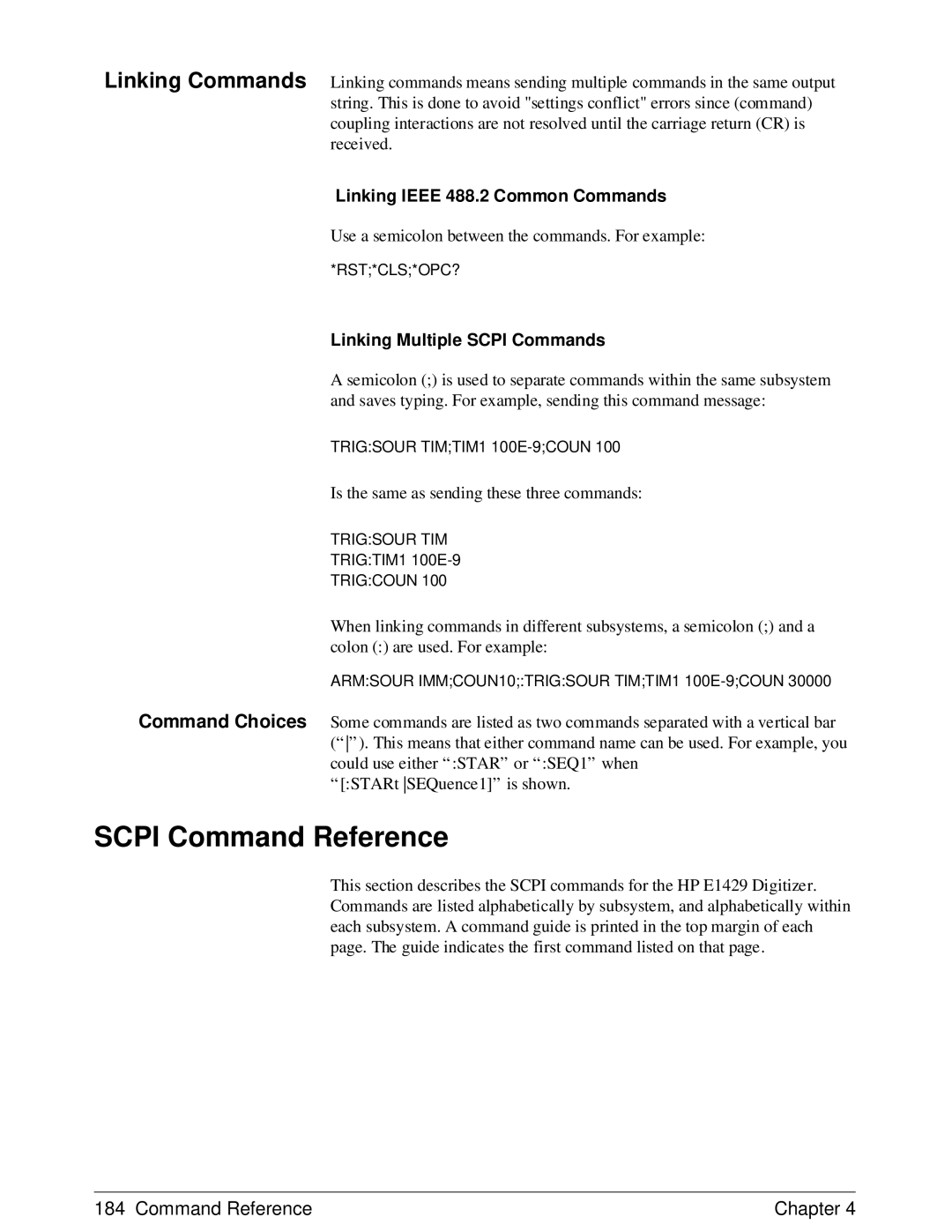 HP E1429A manual Scpi Command Reference, Linking Ieee 488.2 Common Commands, Linking Multiple Scpi Commands 