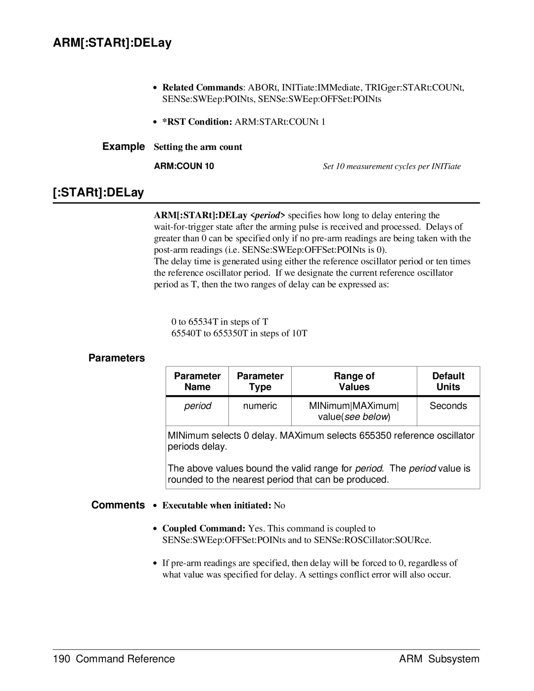 HP E1429A manual ARMSTARtDELay, Parameter Range Default Name Type Values, MINimumMAXimum 