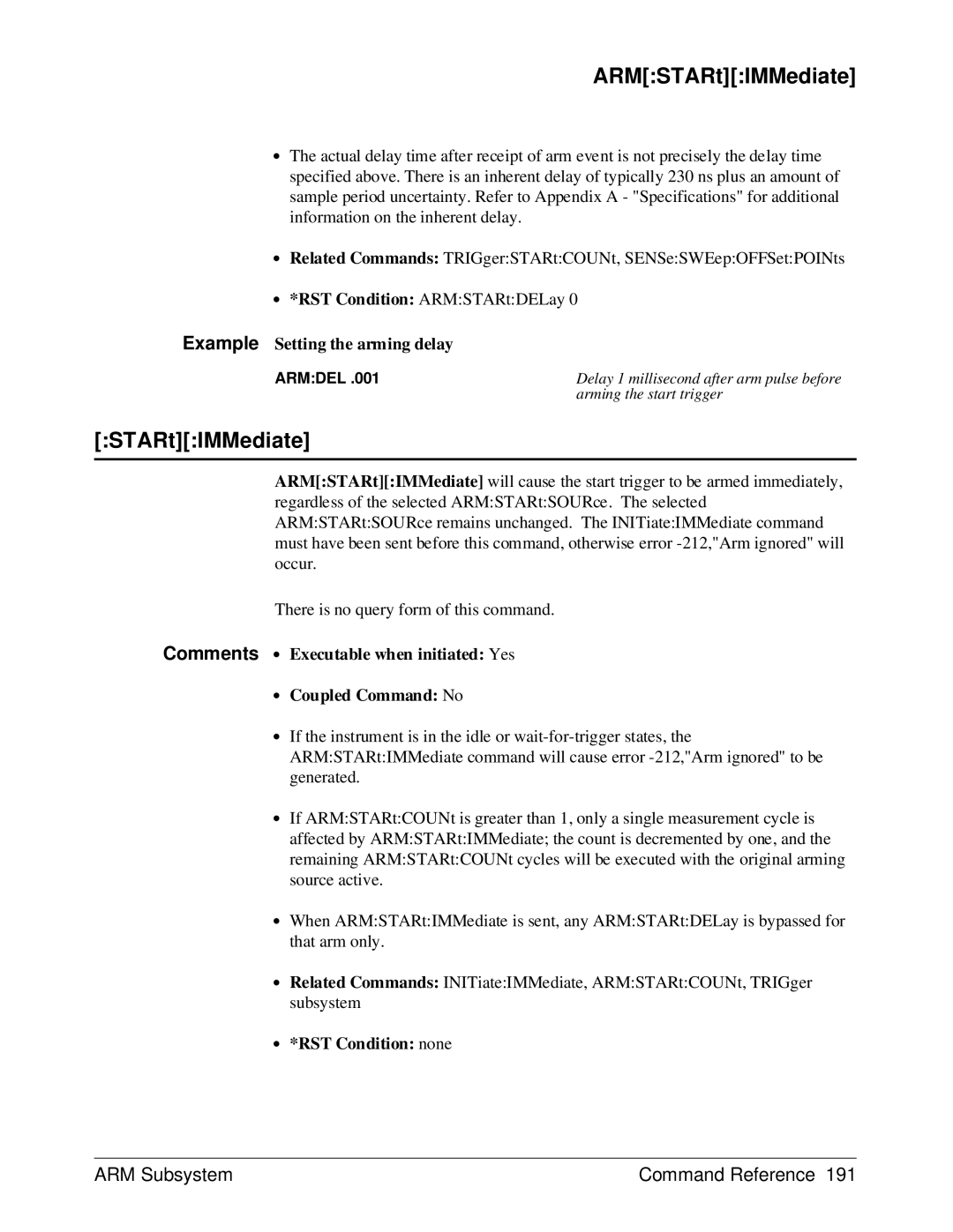 HP E1429A manual ARMSTARtIMMediate, Example Setting the arming delay, ∙ *RST Condition none 