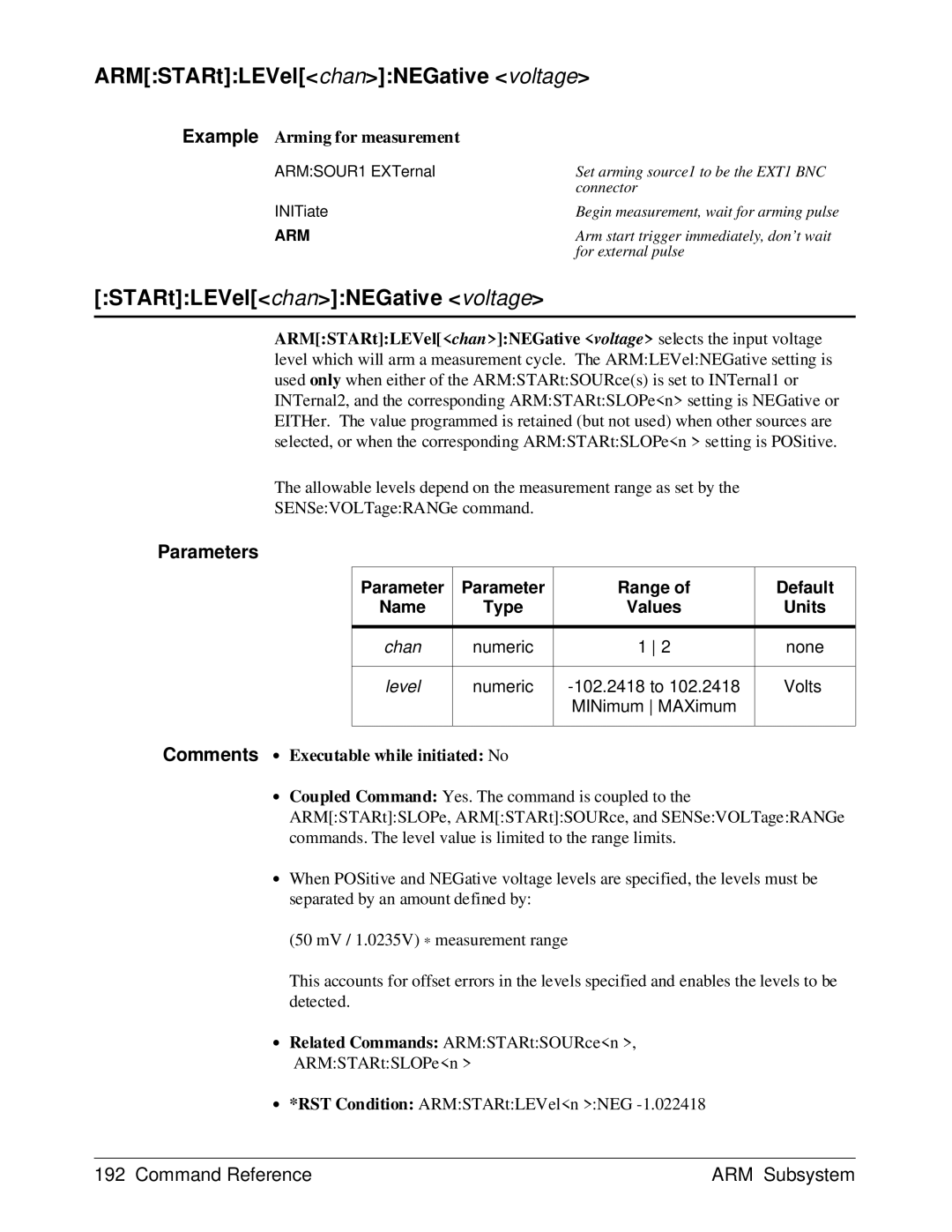 HP E1429A ARMSTARtLEVelchanNEGative voltage, Example Arming for measurement, Comments ∙ Executable while initiated No 