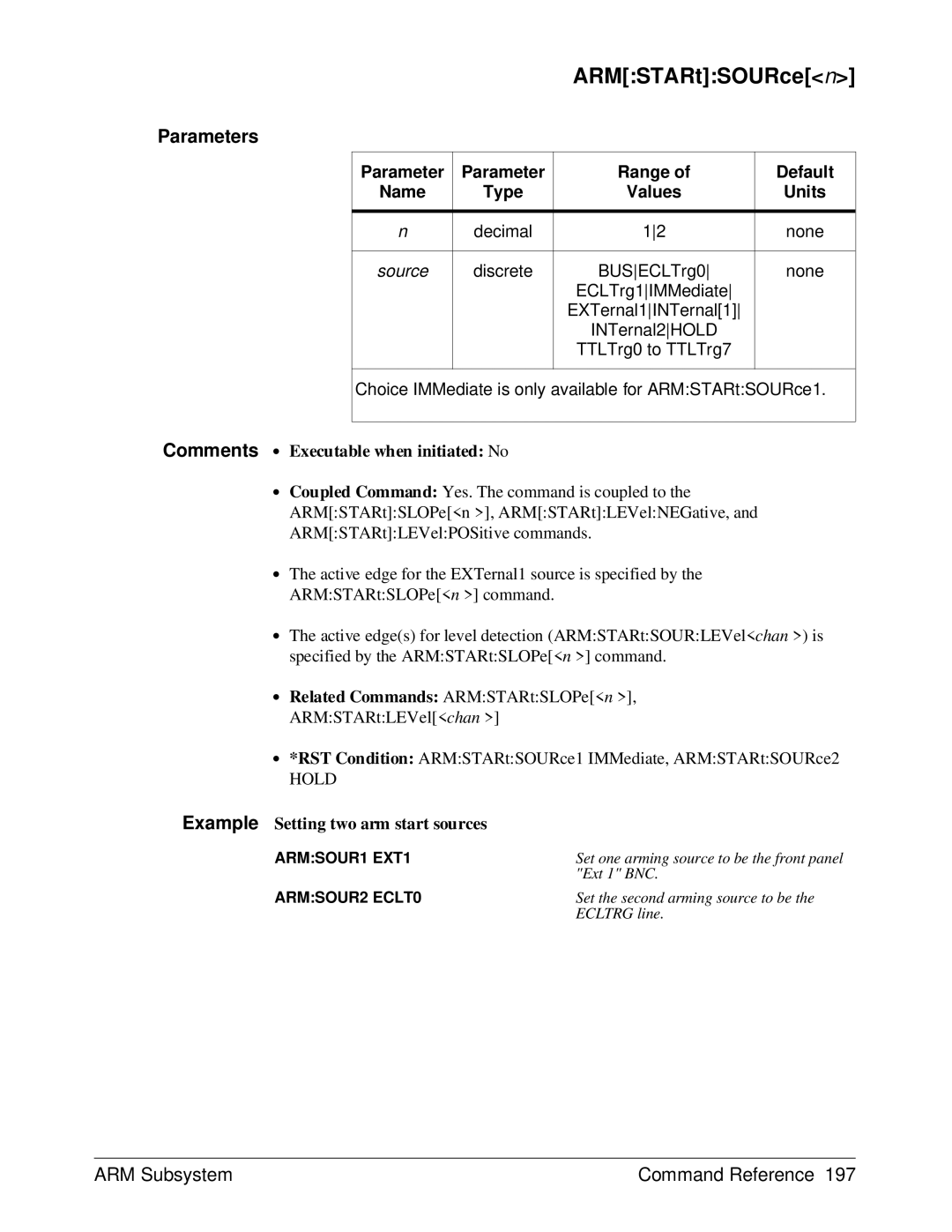 HP E1429A manual ∙ Related Commands ARMSTARtSLOPen , ARMSTARtLEVelchan, Example Setting two arm start sources 