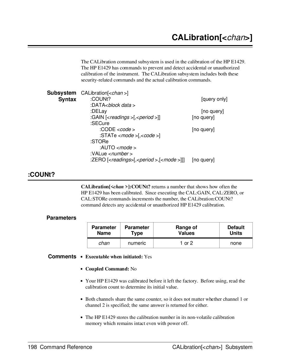 HP E1429A manual CALibrationchan, COUNt?, Subsystem Syntax, Numeric None 